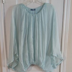 Pale Sheer Blue Silk Over Teal Sleeveless Cami Elastic Waist Crochet Back Top